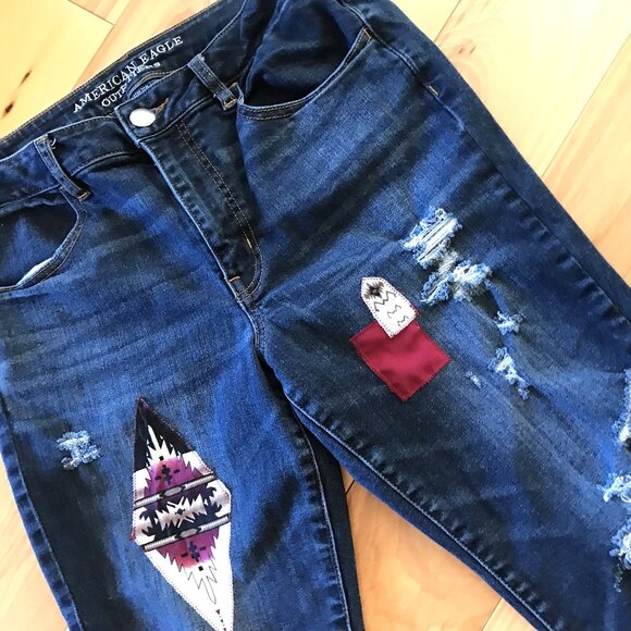 Upcycled Aztec Tribal Patchwork Jeans, Junior Size 12: Distressed Cropped Denim - Picture 3 of 13